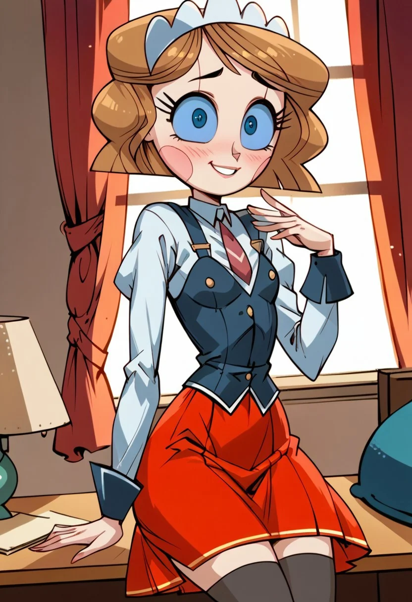 easynegative, Expressiveh, mythp0rt, 2D, score_9_up, score_9, score_8_up, score_8, score_7_up, score_7, highly detailed, high contrast, amazing quality, dynamic lighting, 1girl, emmytr, robot, brown hair, blue eyes, school uniform, white shirt, black vest, black thighhighs, red skirt, red necktie,cute pose, cute face, skinny petite body, skinny legs, wide hips, small breasts, smiling, blushing, sad eyes, cute face, bedroom,