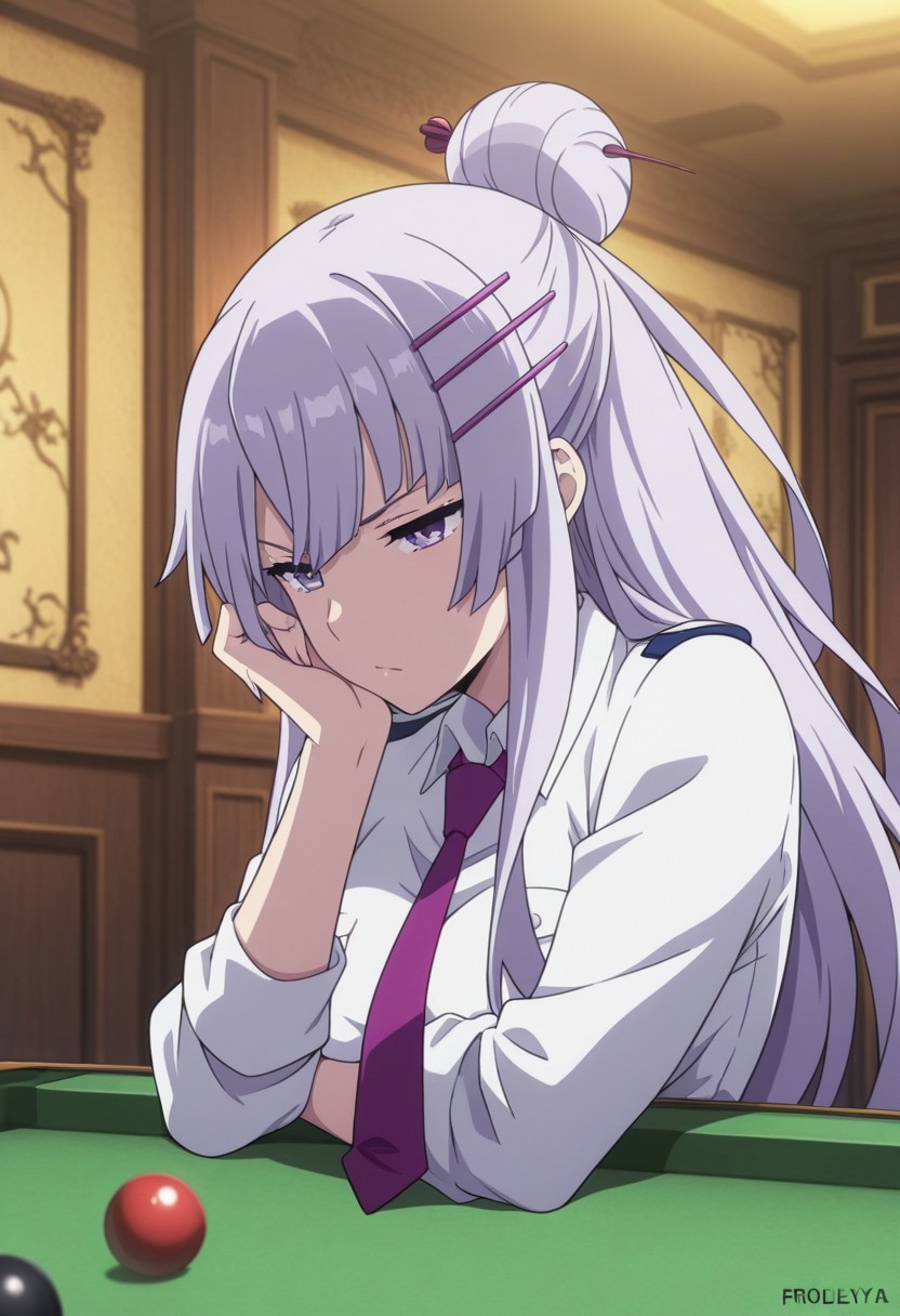 masterpiece,best quality,amazing quality, source_anime, 
Froleytia, 1girl, solo, purple eyes, purple hair, long hair, hair ornament, single hair bun, hair stick, uniform, shirt, white shirt, collared shirt, necktie, purple necktie,
indoor, pool table,