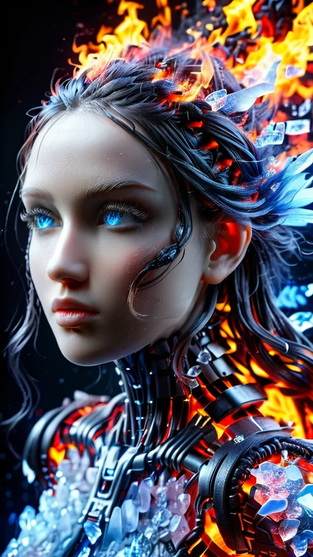 (full body),
girl, black & red robotic body parts, (robotic legs), robotic arms, wings, black braided waterfall hair, blue icy eyes,
epiCPhoto, faize, HKStyle, fire & ice, dark scene,
<lora:add-detail-xl:1.5>, <lora:polyhedron_all_eyes:1.5>, <lora:RM_realify_v1.0:1>, (masterpiece), best quality, uhd, highres, detailed eyes, detailed skin texture, realistic, cute face, beautiful eyes, detailed eyes, nice skin, detailed skin texture, <lora:cuteGirlMix4_v10:(0.6)><lora:faize-sdxl:1><lora:faize-sdxl:1><lora:faize-sdxl:1><lora:faize-sdxl:1>