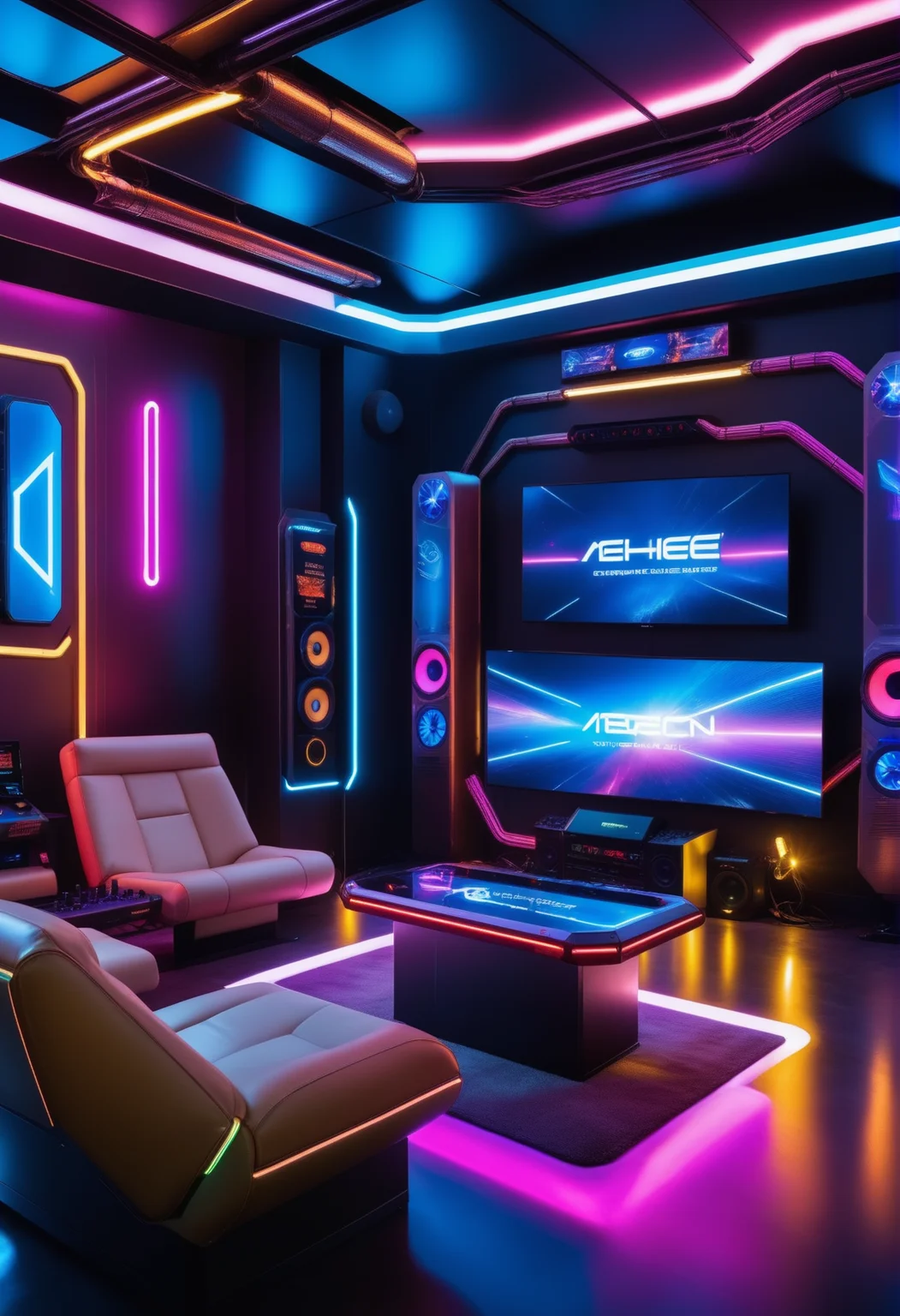 masterpiece, high quality,, a reij gaming room, neon color and ambient neon light, rusty details, hologram screens and console <lora:reij-neonelegance:0.7>