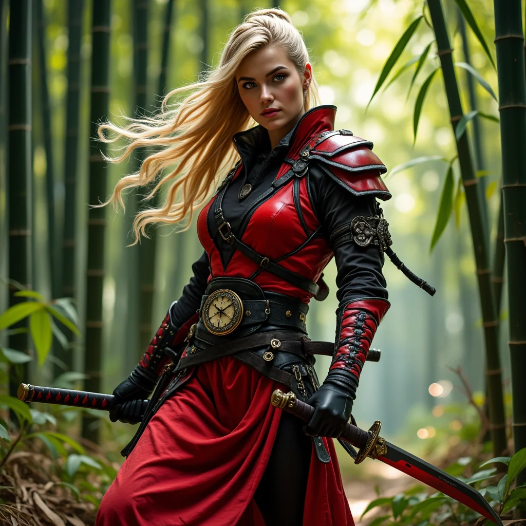 A dynamic and powerful ninjapunk warrior stands in a bamboo forest, her red and black armor contrasting with the natural surroundings. She wields a katana, her blonde hair flowing freely as she moves with a graceful and confident stride. Her outfit is adorned with intricate details, including a belt with a clock and a decorative medallion, and she wears black gloves. The scene is set in a bamboo forest, with tall bamboo stalks and leaves forming a natural backdrop. The ninja style dynamic_pose is focused, exuding a sense of readiness and strength. <lora:artist/style of H. R. Giger FLUX 295-000006.safetensors:1.0>, style of H. R. Giger, <lora:flux_trainer/fluxPunk_v12_rank16_bf16>, <lora:flux/ARTifacts>, <lora:flux/flux_realism_lora>, <lora:flux_trainer/fluxPunk_v12>