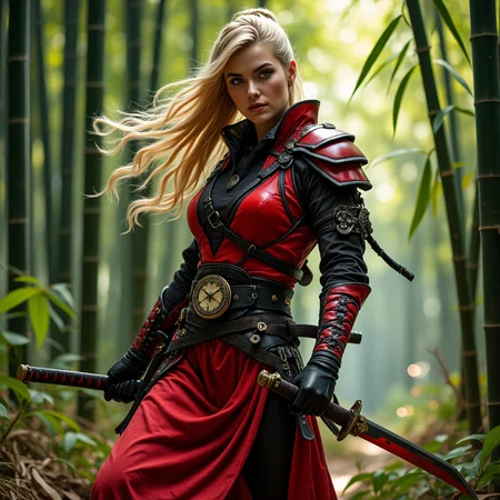 A dynamic and powerful ninjapunk warrior stands in a bamboo forest, her red and black armor contrasting with the natural surroundings. She wields a katana, her blonde hair flowing freely as she moves with a graceful and confident stride. Her outfit is adorned with intricate details, including a belt with a clock and a decorative medallion, and she wears black gloves. The scene is set in a bamboo forest, with tall bamboo stalks and leaves forming a natural backdrop. The ninja style dynamic_pose is focused, exuding a sense of readiness and strength. <lora:artist/style of H. R. Giger FLUX 295-000006.safetensors:1.0>, style of H. R. Giger, <lora:flux_trainer/fluxPunk_v12_rank16_bf16>, <lora:flux/ARTifacts>, <lora:flux/flux_realism_lora>, <lora:flux_trainer/fluxPunk_v12>