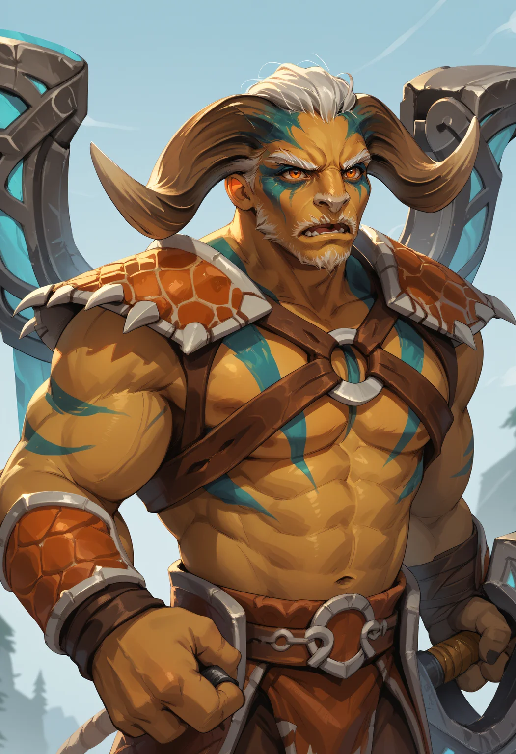 score_9, score_8_up, score_7_up, score_6_up, score_5_up, score_4_up, BREAK, eldertitanpdxl, horns, 1boy, male focus, solo, armor, shoulder armor, wings, male focus, bara, pectorals, muscular, muscular male, facial hair, solo, white hair, beard, orange eyes, open mouth, mature male, furry male, orange eyes, thick eyebrows, furry, looking afar, holding weapon, hammer, one handed weapon, angry, <lora:Elder_Titan_the_Worldsmith:0.75>