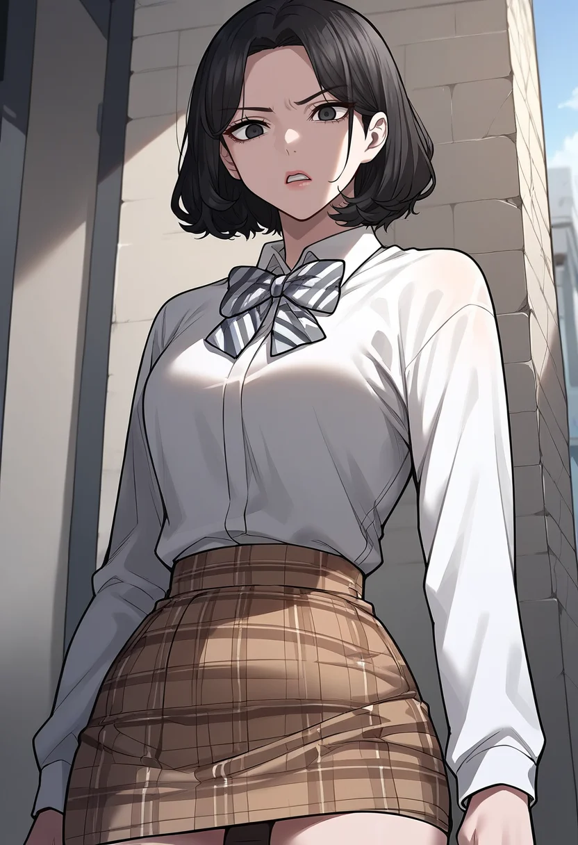 masterpiece, best quality, source_anime, uncensored, score_9, score_8_up, score_7_up, score_6_up, score_5_up, score_4_up, 1girl, solo, siyeon, short hair, black hair, black eyes, school uniform, white shirt, collared shirt, long sleeves, shirt tucked in, striped bowtie, plaid skirt, pencil skirt, brown skirt, cowboy shot, looking at viewer, closeup, dynamic angle, standing, glaring, parted lips <lora:IRLQuestSiyeon:0.85> <lora:add-detail-xl:0.6> <lora:cfg_scale_boost:0.5> <lora:Expressive_H:0.6> <lora:zy_Detailed_Backgrounds_v1:0.5>