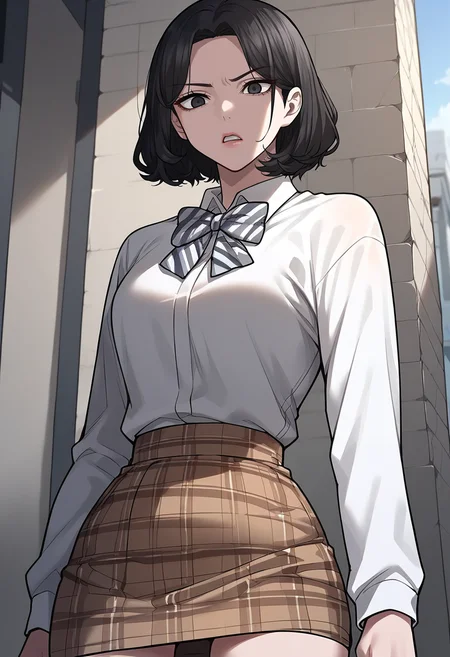 masterpiece, best quality, source_anime, uncensored, score_9, score_8_up, score_7_up, score_6_up, score_5_up, score_4_up, 1girl, solo, siyeon, short hair, black hair, black eyes, school uniform, white shirt, collared shirt, long sleeves, shirt tucked in, striped bowtie, plaid skirt, pencil skirt, brown skirt, cowboy shot, looking at viewer, closeup, dynamic angle, standing, glaring, parted lips <lora:IRLQuestSiyeon:0.85> <lora:add-detail-xl:0.6> <lora:cfg_scale_boost:0.5> <lora:Expressive_H:0.6> <lora:zy_Detailed_Backgrounds_v1:0.5>