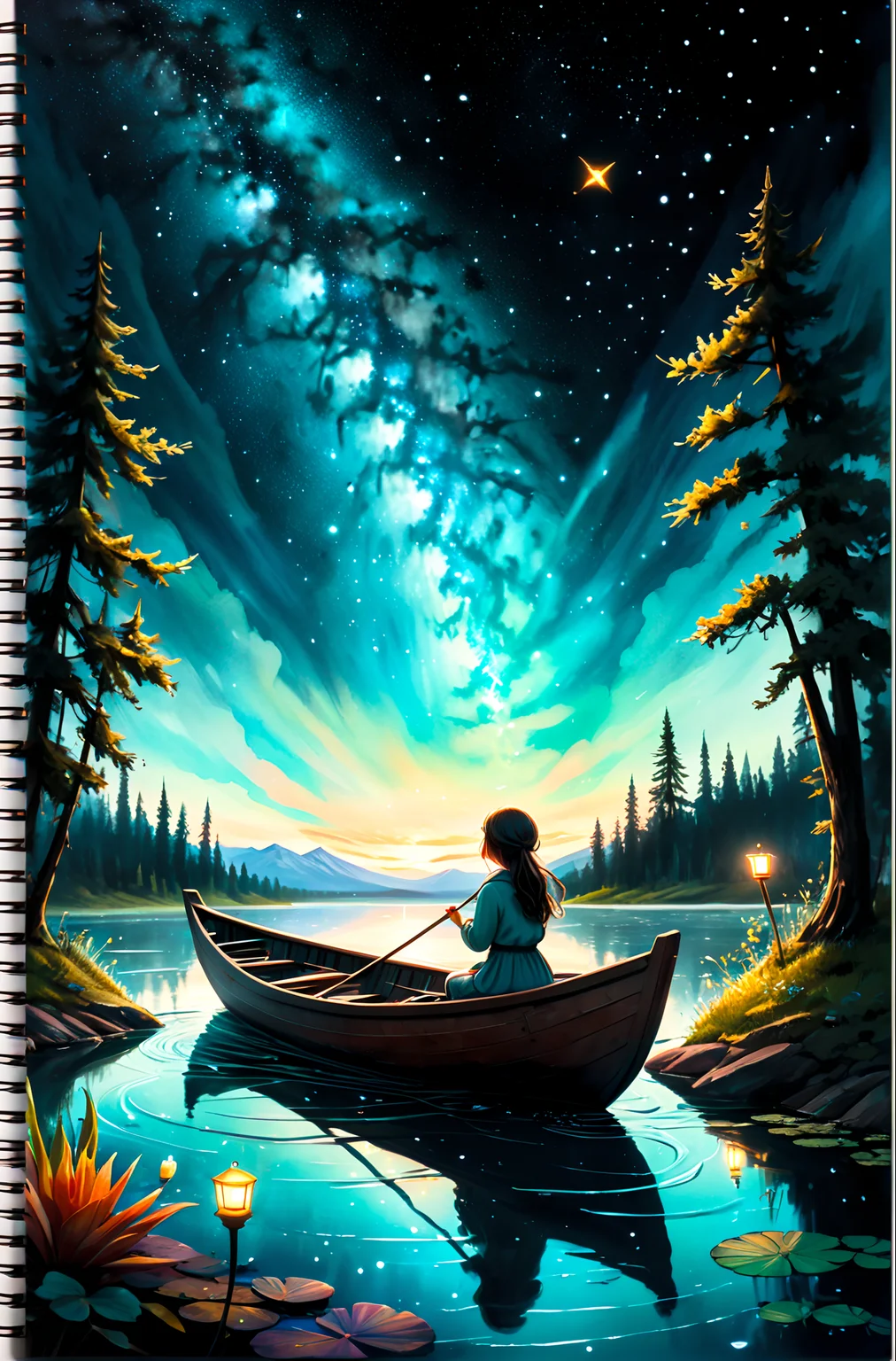 Hand drawing with pastel watercolors of a girl sitting in a small wooden boat fishes for stars in a turquoise lake as if they were dreams she would be pleased to capture.
Bioluminescent stardust spreads from the girl head up into the black night sky.
The stars in the lake and on the fishing rod are the only source of low luminetric ligths in this scene besides the stardust.
<lora:add-detail-xl:0.60>, <lora:xl_more_art-full_v1:0.40>, <lora:wowifierXL:0.50> art by mooncryptowow, <lora:LineAniRedmondV2-Lineart-LineAniAF:0.8> lineart, LineAniAF, <lora:caogao:0.8> sketch