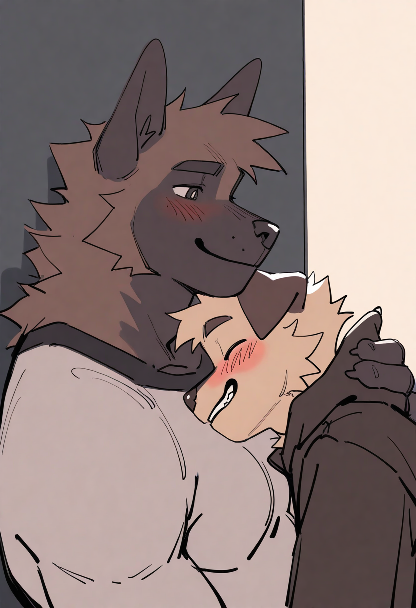 best quality, amazing quality, very aesthetic, absurdres, newest, by hemuchang, furry, male, dog boy, multiple boys, 2boys, blush, smile, bara, yaoi, <lora:Hemuchang_style_Illustrious:1>