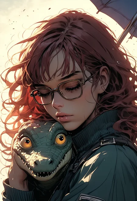 score_9, score_8_up, score_7_up, source_image_comics, embrace, small fat crocodile, stoplight go green eyes, straight jacket, big glasses, umbrella, rose dust ribbon,sinozick, day sky, sunny, heavy rain, big eyes, The image is a digital art piece that appears to be a portrait of a woman's face. The woman's head is in profile, with her eyes closed and her lips slightly parted. She has long, flowing hair that is styled in a way that cascades down her back. The background is magic mint, making the woman's features stand out even more. The overall mood of the image is peaceful and serene.