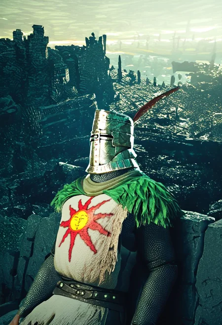 solaire dark souls chainmail armor knight male solo reclining, score_9, score_8_up, score_7_up, score_6_up, score_5_up, score_4_up, tabard helmet, sunrise starry_sky dramatic_lighting ruins castle river embers,