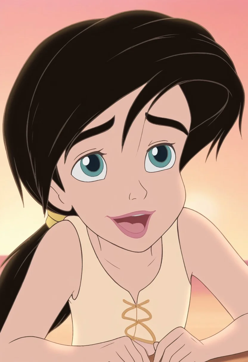 close up,melody,aqua eyes,black hair, ponytail,pink lips,happy,soft open mouth,thick eyebrows,arms down,hands down,five fingers,yellow undershirt,sleeveless,white hairband,yellow pantaletts,beach background