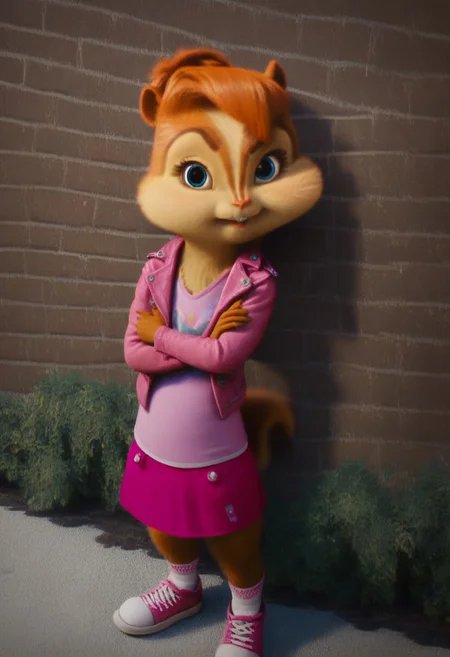 score_9, score_8_up, score_7, score_6, detailed background, town, streets, trees, brittany miller, chipmunk, furry, short ears, jean jacket, pink shirt, pink mini skirt, socks, sneakers, standing, leaning against wall, crossed arms, looking at viewer, smiles, 6 inches tall