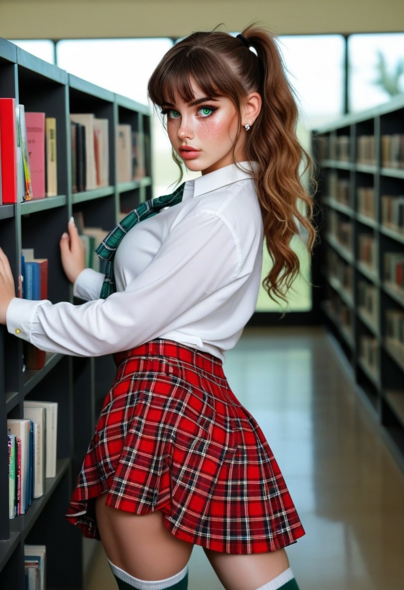 24yo busty R4N1A in library, green eyes, long hair with ponytail, wearing skirt, shirt