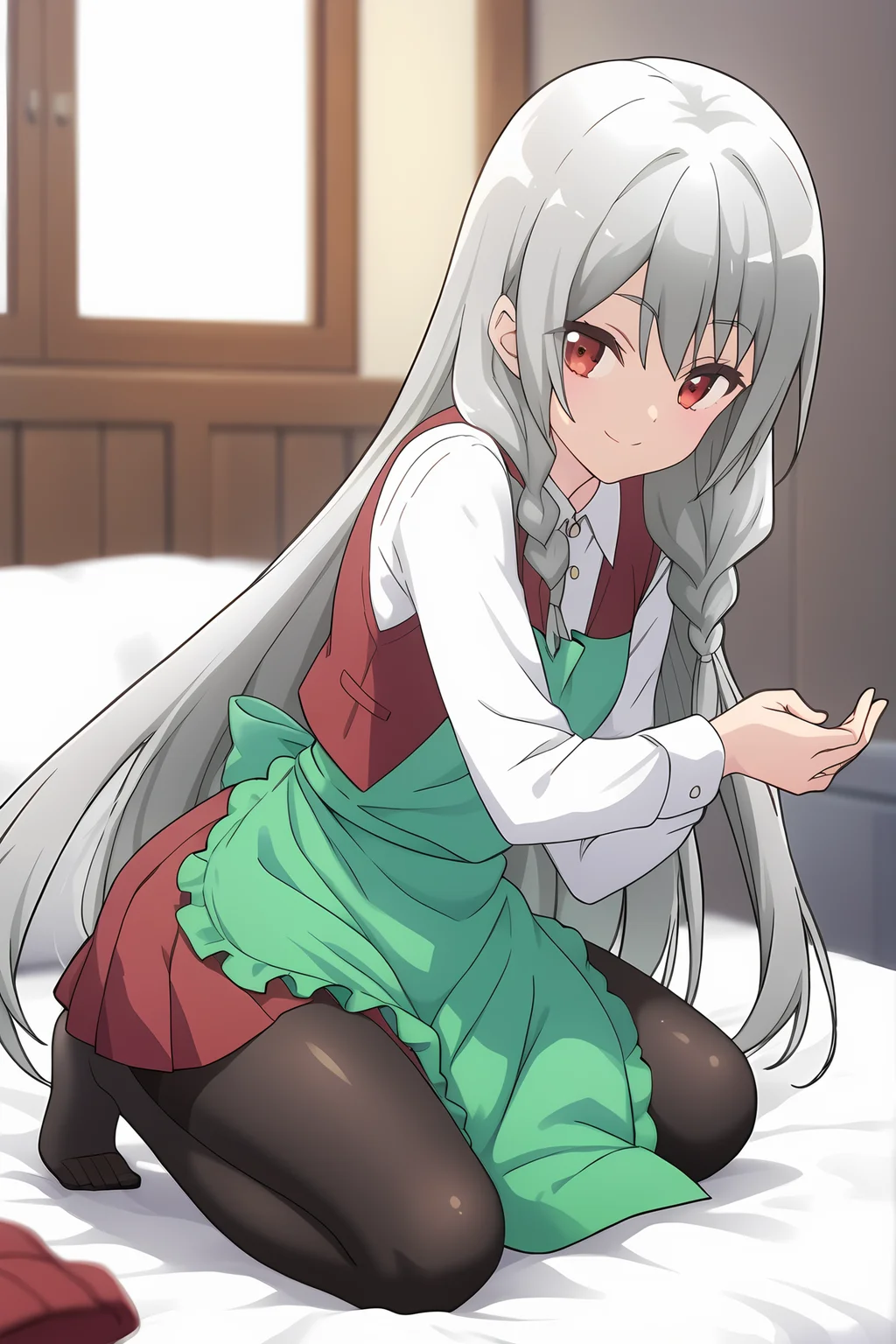 (green apron school uniform red vest white short long sleeves red skirt black pantyhose:1.40), ig-maidena, grey hair, red eyes, 1girl, solo, skinny, score_9, score_8_up, score_8, score_7_up, score_7, score_6_up, score_6, score_5_up, score_5, source_anime, (light smile:1.10), , (0.2:close-up depth of field:1.20), (:1.20), feet, <lora:ig-maidena-V01-000003:1.00> small breasts, long hair, single braid