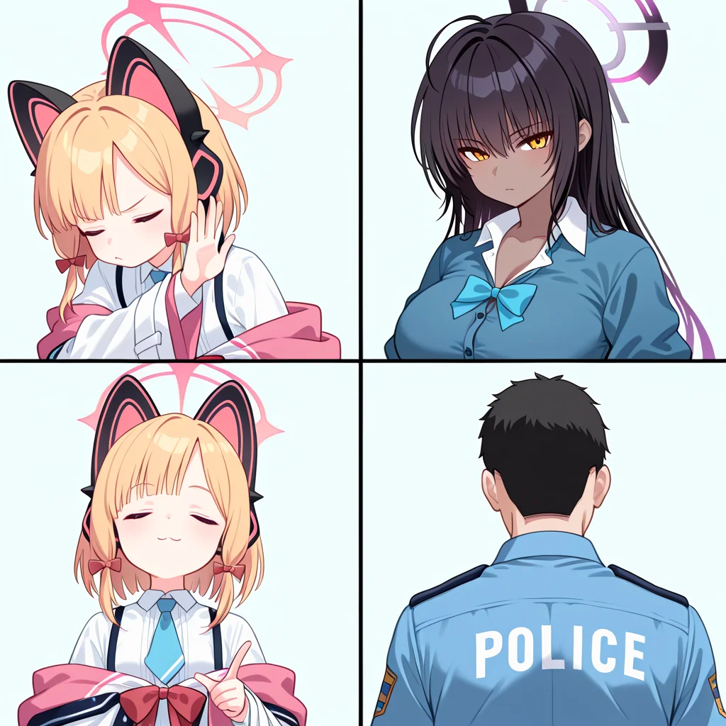 masterpiece, best quality, amazing quality, drakeposting_meme, 4koma, simple background,
BREAK
1girl, momoi \(blue archive\), closed eyes, no gesture,
BREAK
karin \(blue archive\), upper body, looking at viewer, closed mouth,
BREAK
1girl, momoi \(blue archive\), closed eyes, pointing, yes gesture,
BREAK
karin \(blue archive\), upper body, looking at viewer, closed mouth, partially shaded face, (1boy, police uniform, from behind, faceless)
<lora:drakeposting_meme-000007:1>,