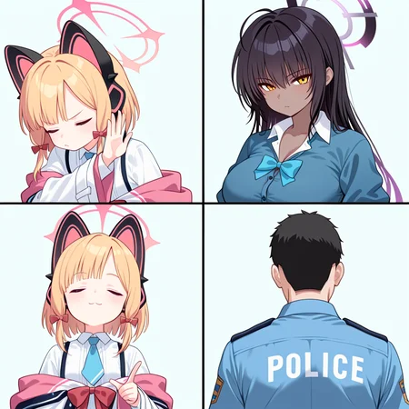 masterpiece, best quality, amazing quality, drakeposting_meme, 4koma, simple background,
BREAK
1girl, momoi \(blue archive\), closed eyes, no gesture,
BREAK
karin \(blue archive\), upper body, looking at viewer, closed mouth,
BREAK
1girl, momoi \(blue archive\), closed eyes, pointing, yes gesture,
BREAK
karin \(blue archive\), upper body, looking at viewer, closed mouth, partially shaded face, (1boy, police uniform, from behind, faceless)
<lora:drakeposting_meme-000007:1>,