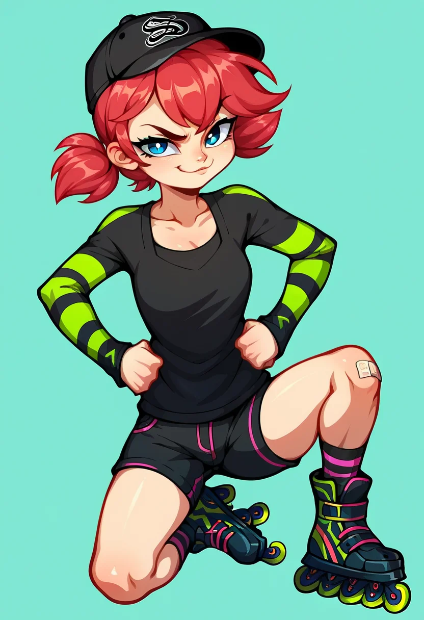 score_9, score_8_up, score_7_up, score_6_up, score_5_up, source_cartoon,
full body, curvy, hands on hips,
1girl,
black shirt, long sleeves with coilling snake pattern, sneakers, striped socks, large shorts, black shorts, black headwear, baseball cap, knee bandaid, bandaid on knee, roller skates, inline skates.
blue eyes, red hair, pink hair, short hair, short twintails, bangs,
looking at viewer, smug, simple background,
<lora:Alix-Kubdel-ML-PDXL_ShutUpImTired_v1:1>