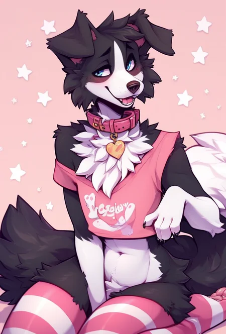femboy, collie, striped stockings, collar, thighs, zPDXL <lora:Femboy-000003:1>