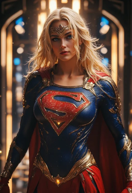 realistic, PHOTOREALISTIC, ((perfect anatomy)), (futuristic Superhero:1.3), ((sexy dynamic pose:1.3)), 25 years old, perfect quality, high quality, (sci-fi, married, dc comics :1.3), goddess, confident smile, (Supergirl, kara zor el, long intricate blonde hair, hair blowing in wind, glowing blue eyes:1.3) athletic female, ((fitness models, muscle detail, detailed muscle)), long athletic muscular legs, athletic round muscular butt, athletic hips, perfect breasts, perfect body, epic, long hair, intricate hairstyle, cute, soft skin, soft skin, textured skin ,shining glossy skin, soft abs, athletic waist, (slender body), dynamic angle, dynamic, dynamic shot, sci-fi, futuristic, ((intricate blue top, (S symbol), red skirt, red cape blowing in the wind, Circlet, red boots) showing sexy body underneath:1.2, armor parts on body:1.2, marble armor:1.2, navel piercing)) Expressiveh, (volumetric lighting:1.2), cinematic, cinematic lighting, reflections, ultra hd, visual effects, graphic effects, ambient occlusion, raytracing, soft lighting, realistic, blum effect, masterpiece, absolutely eye-catching, particles, glow, shining, (intricate cinematic background, ((in a sci-fi palace, large windows futuristic city in background, flying towards viewer, demanding they kneel before her, god rays), (beautiful cute face),