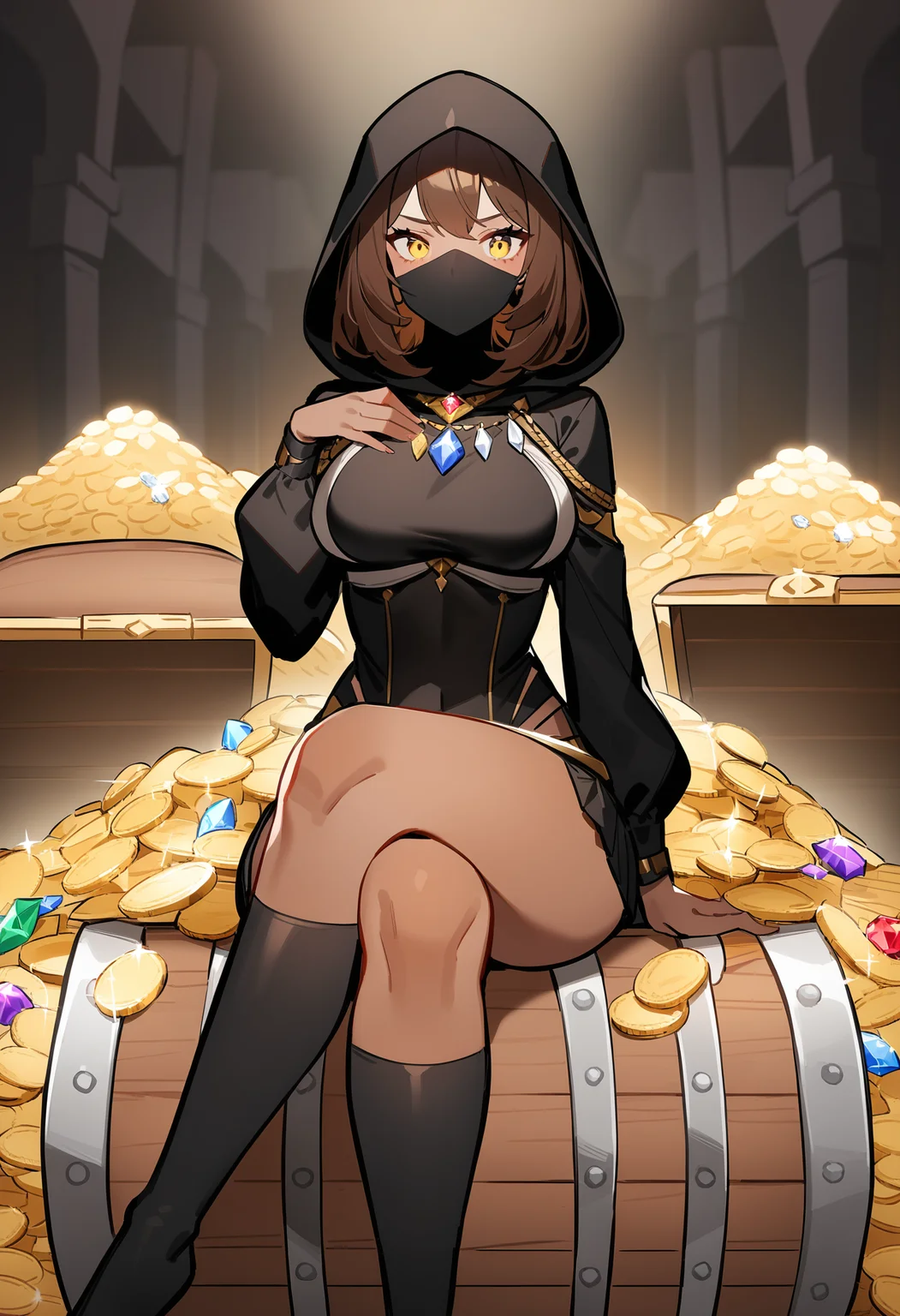 masterpiece, best quality, absurdres, detailed background, sexy body, young, safe,(dark skin:1.2),skirt, (dark-skinned female:1.2), feminine leather armor,face mask, black outfit, 1girl,(hood up),medium breasts, yellow eyes, medium hair, brown hair,stone wall, (sitting on treasure chest:1.2), treasure-room,treasure, treasure chest,jewelry, pile of gold, gold coin, (gemstone:1.2), thief, <lora:treasure room (animagine) v1:1>, crossed legs