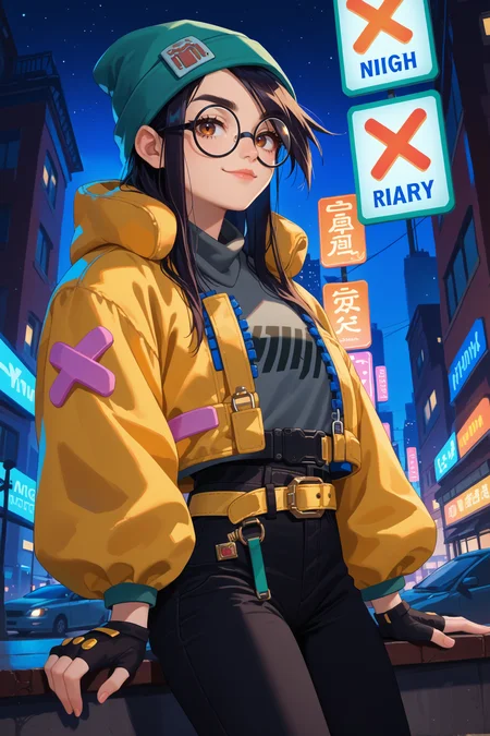 score_9, score_8_up, score_7_up, score_6_up, source_anime, 1girl, solo, <lora:valorantkilljoy-pdxl-nvwls-v1-000005:1> valoKJ, black hair, brown eyes, green beanie, round glasses, yellow jacket, grey shirt, partially fingerless gloves, yellow belt, black pants, smug, night, city, neon signs, looking at you