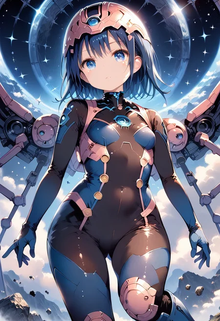 score_9, score_8_up, score_7_up, 1girl,FujisakaLP,high definition eyes, (masterpiece), (best quality), (ultra detailed),(disheveled hair),(illustration), (best shadow), detail1eye, wide thighs, wide hips, (highest quality, highest resolution, distinct_image, detailed details): (Solo, lone girl, Japan face, blue haired girl, short cut, full body figure, small size breasts, sparkling blue colored eyes, pilot suit in metallic white and blue color, tight fit clothes, clothes covering the whole body, beauty, slim body, exoskeleton, sexy pose, heroine, Full face helmet, knee boots)