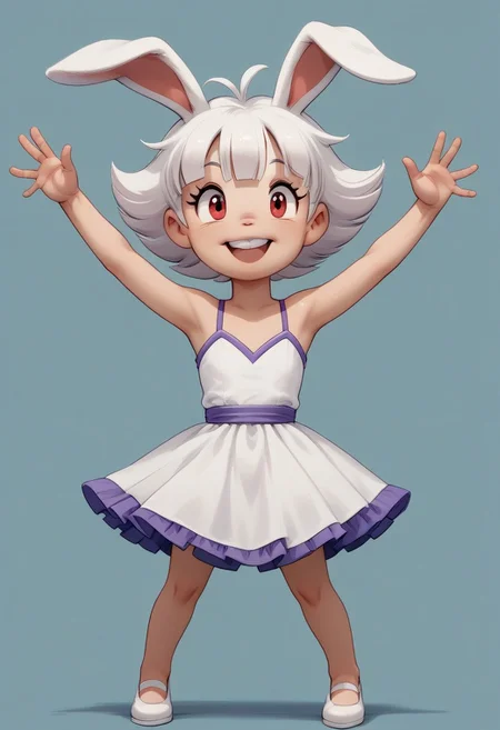 CuteCartoonStyle, extended arms score_9, score_8_up, score_7_up, 1girl, solo, fair skin, Short hair, Multicolored White hair, purple tips, hair flaps, Red eyes, Thin, Almost flat chest , white Bunny ears. full body, cute singing, happy, smile