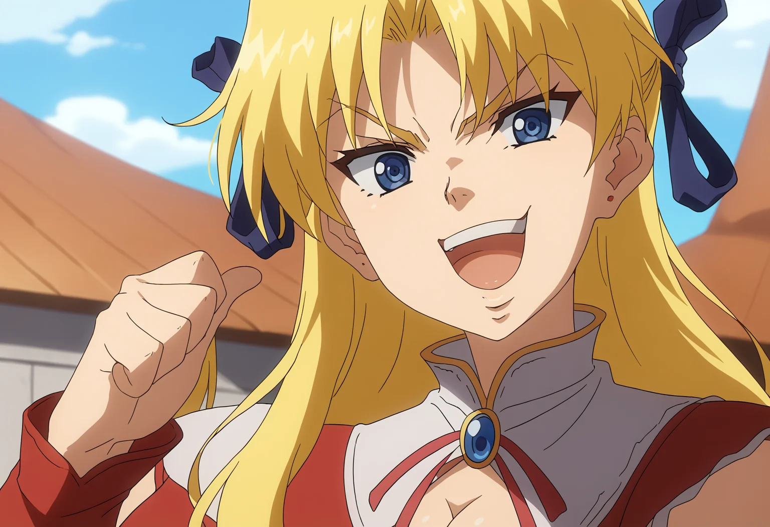 score_9, score_8_up, score_7_up, source_anime,
BREAK
<lora:shiDioV2:1.0>, konodiopose, pointing, parody, meme,
smile, open mouth, style parody, shaded face, v-shaped eyebrows,
1girl, solo,
<lora:shiCampEricaV1:1.0> shiericadress, long hair, blonde hair, blue eyes, hair ribbon, long sleeves, red dress, cleavage, bare shoulders, detached sleeves, detached collar, frills,