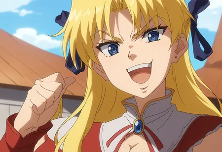 score_9, score_8_up, score_7_up, source_anime,
BREAK
<lora:shiDioV2:1.0>, konodiopose, pointing, parody, meme,
smile, open mouth, style parody, shaded face, v-shaped eyebrows,
1girl, solo,
<lora:shiCampEricaV1:1.0> shiericadress, long hair, blonde hair, blue eyes, hair ribbon, long sleeves, red dress, cleavage, bare shoulders, detached sleeves, detached collar, frills,
