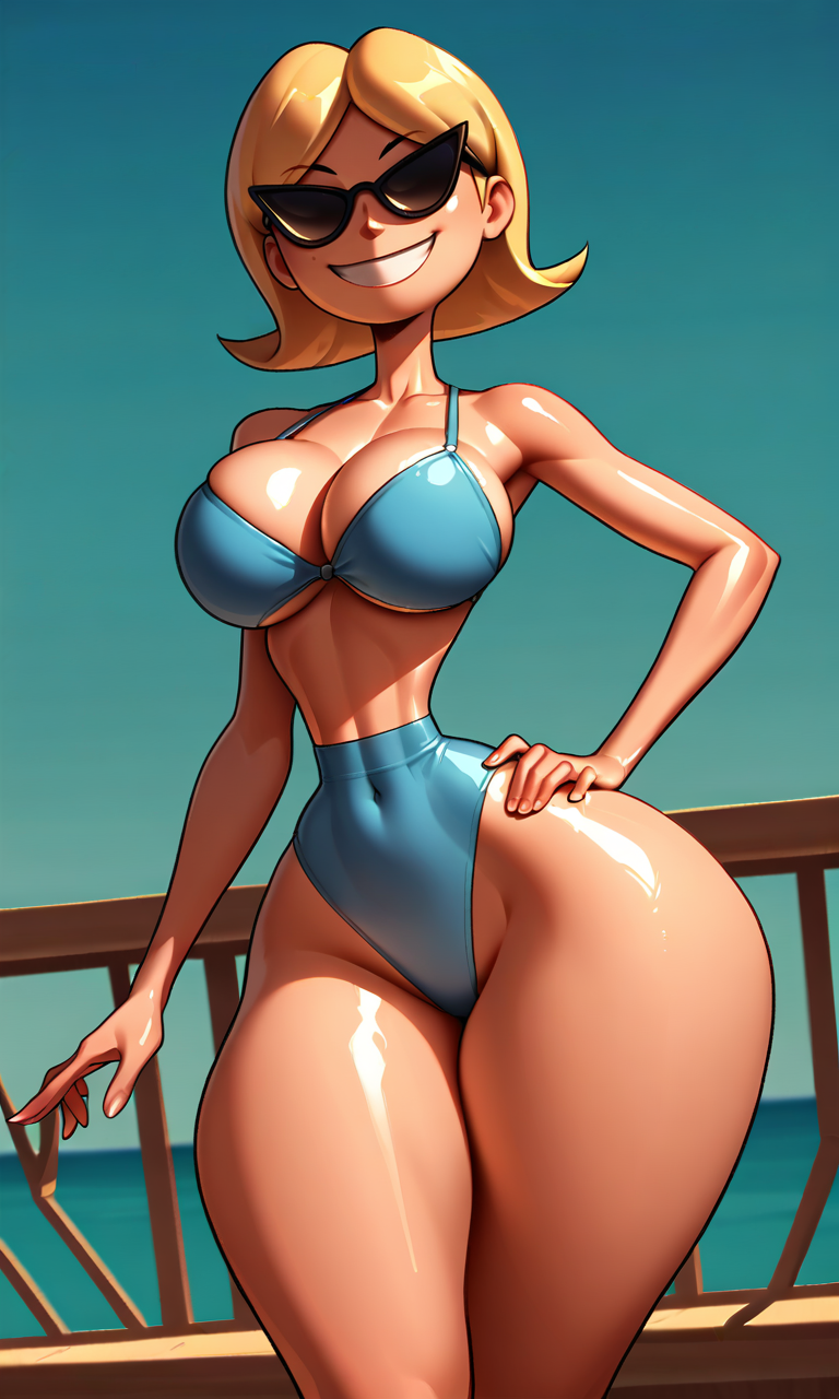 score_9, score_8_up, score_7_up, Sunny Miami, sunglasses, blonde hair, short hair, blue bikini, smile, curvy, narrow waist, wide hips, shiny skin