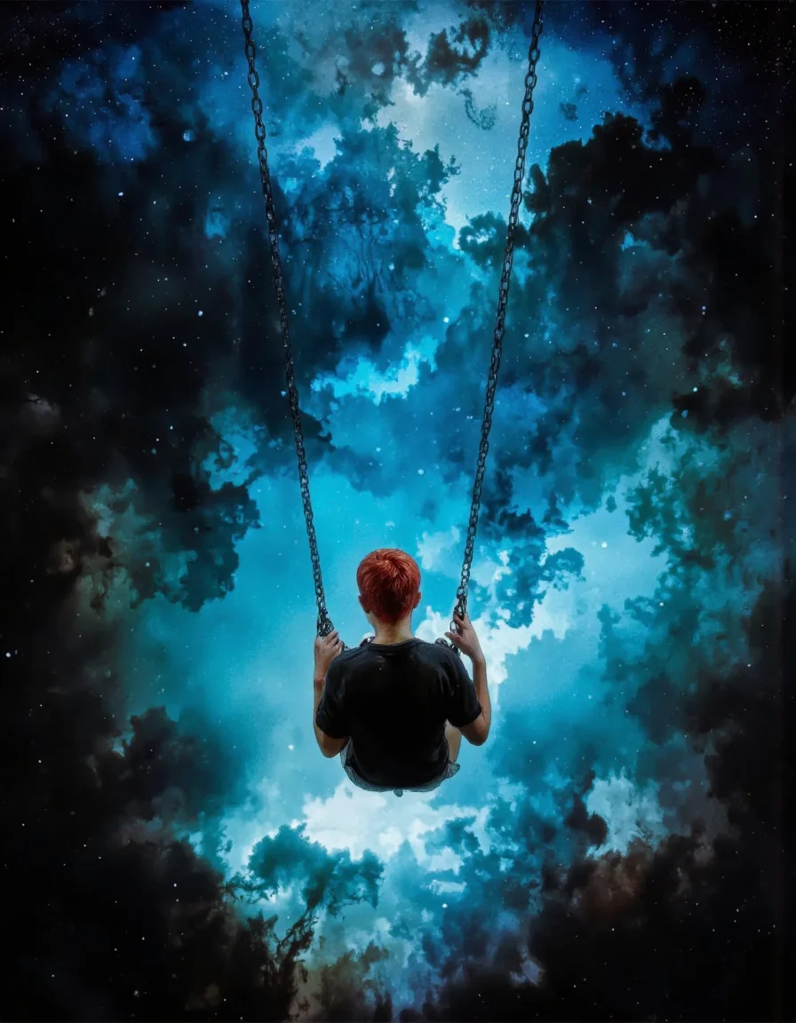 Art by Mario Nevado. This is a high-quality, atmospheric photograph of a person swinging on a chain swing in a dark, moody setting. The individual, seen from behind, has short, red hair and is dressed in a black shirt. The swing is suspended high in the air, and the person is centrally positioned, creating a sense of isolation and focus. The background is a mesmerizing blend of deep blues and blacks, with a glowing, ethereal light source emanating from the lower right corner, casting a mystical, almost otherworldly glow. The image uses leading lines from the chains and a rule of thirds composition to draw the viewer's eye. The background is blurred, emphasizing the depth of field and creating a sense of distance. The photograph was likely taken with a DSLR camera, possibly a Canon EOS 5D Mark IV, with a wide aperture (around f/1.8), a low ISO (100-200), and a slow shutter speed (1/60-1/125 seconds) to capture the dark, moody ambiance. The aesthetic quality of the image is very high, evoking a sense of mystery and contemplation.