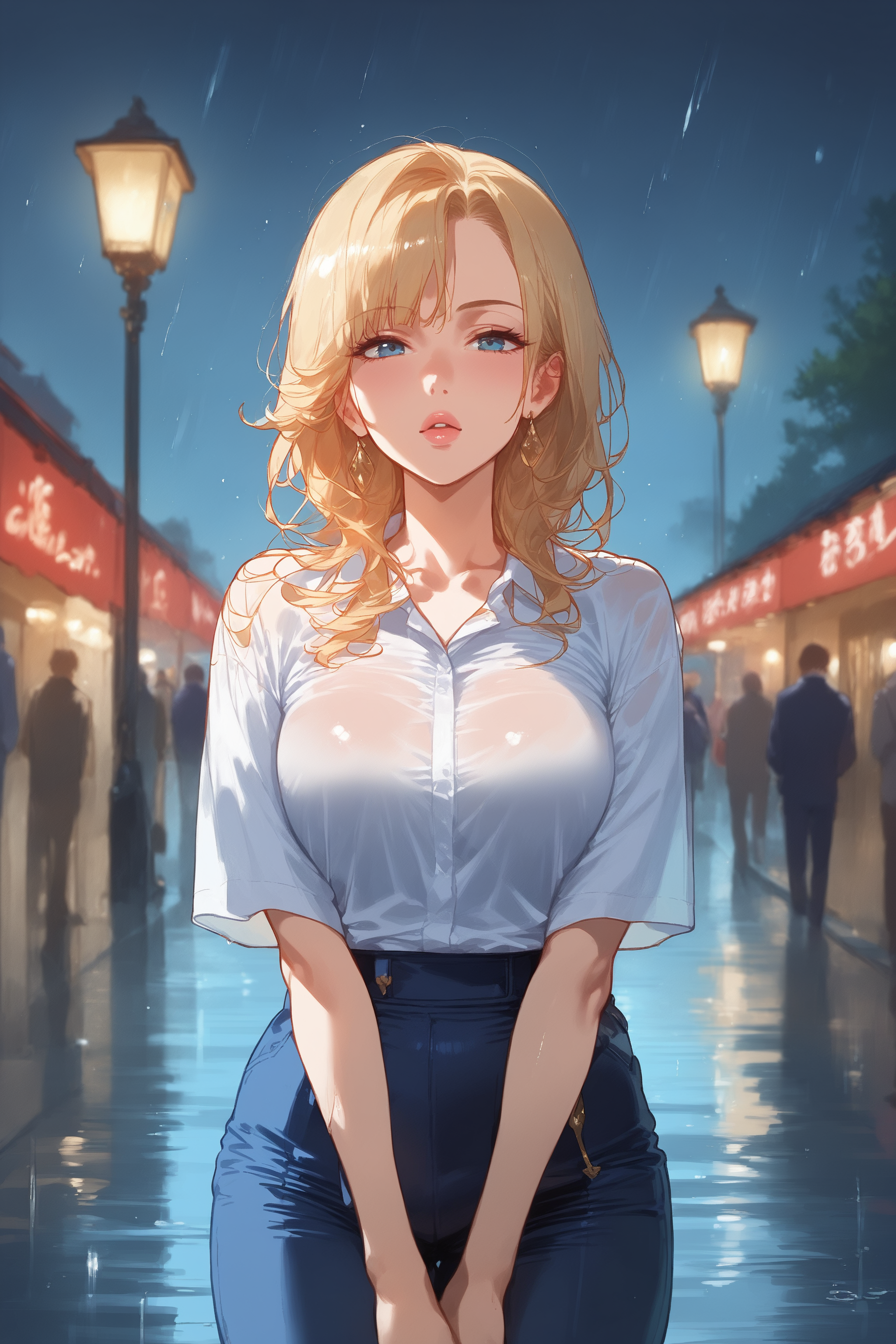 Stable_Yogis_PDXL_Positives, zPDXL3, Expressiveh, score_9, score_8_up, score_7_up, 4n1v3rs3, Anime Style, Western comics, Raw photo, source anime,
1girl, 20yo, slim waist, medium breasts, pale skin, wet hair, white shirt clinging to body, standing in rain, looking up at sky, expression of melancholy, rain droplets on skin, wet clothes, dark clouds, streetlights glowing, puddles on ground, faint scent of petrichor.  
BREAK  
rain falling, hair sticking to face, shirt slightly transparent, motion_lines:1.5, motion_blur:1.5.  
BREAK  
atmospheric, emotional, raw sensuality, dynamic light, cold_light, soft focus, depth of field, cinematic compositio,n big eyes, cowboy shot, lineless,