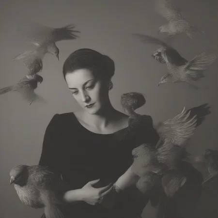 <lora:SDXL_Man_Ray_Style_Sa_May-000004:1> a woman with birds