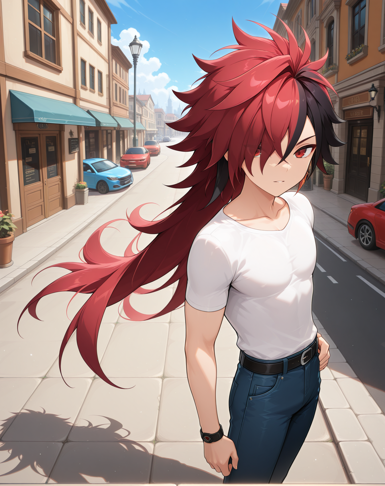 masterpiece,best quality,amazing quality, newest, very aesthetic, absurdres,
1boy, solo, yaoi, male focus, looking at viewer, cowboy shot, standing,
<lora:Elsword_Immortal_ilxl:1> elswordim, red eyes, multicolored hair, red hair, two-tone hair, black hair, long hair, streaked hair, hair over one eye,
white shirt, jeans, sneakers,
outdoors, day, blue sky, building, street, road, lamppost, car,