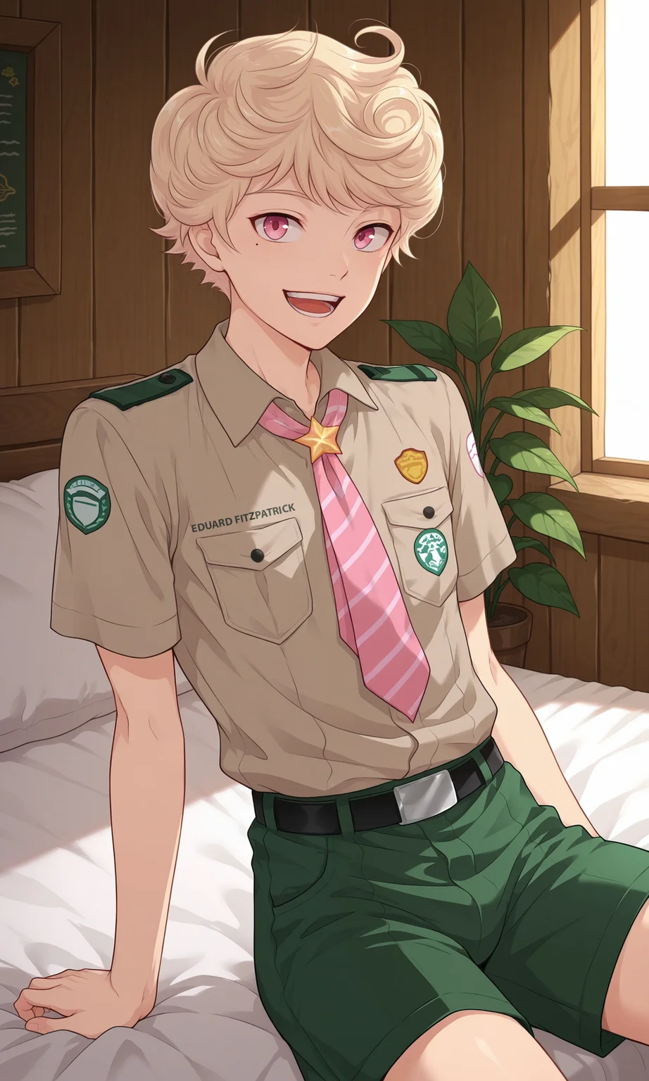 1boy, male focus, slim, Eduard, solo, male focus, open mouth, looking at viewer, smile, teeth, pink eyes, mole under the eye, blonde hair, brown-grey shirt, black belt, green shorts, pink stripped necktie, star on neckerchief, short sleeves, shaded, sitting, on bed, cabin, single bed, indoors plants, indoors, (masterpiece:1.35), (very aesthetic, best quality:1.3), detailed shading, detailed skin, realistic shading, highly detailed, intricate details, masterful composition, cinematic lighting, close-up, <lora:Eduard_XL_V10_ILL:1>