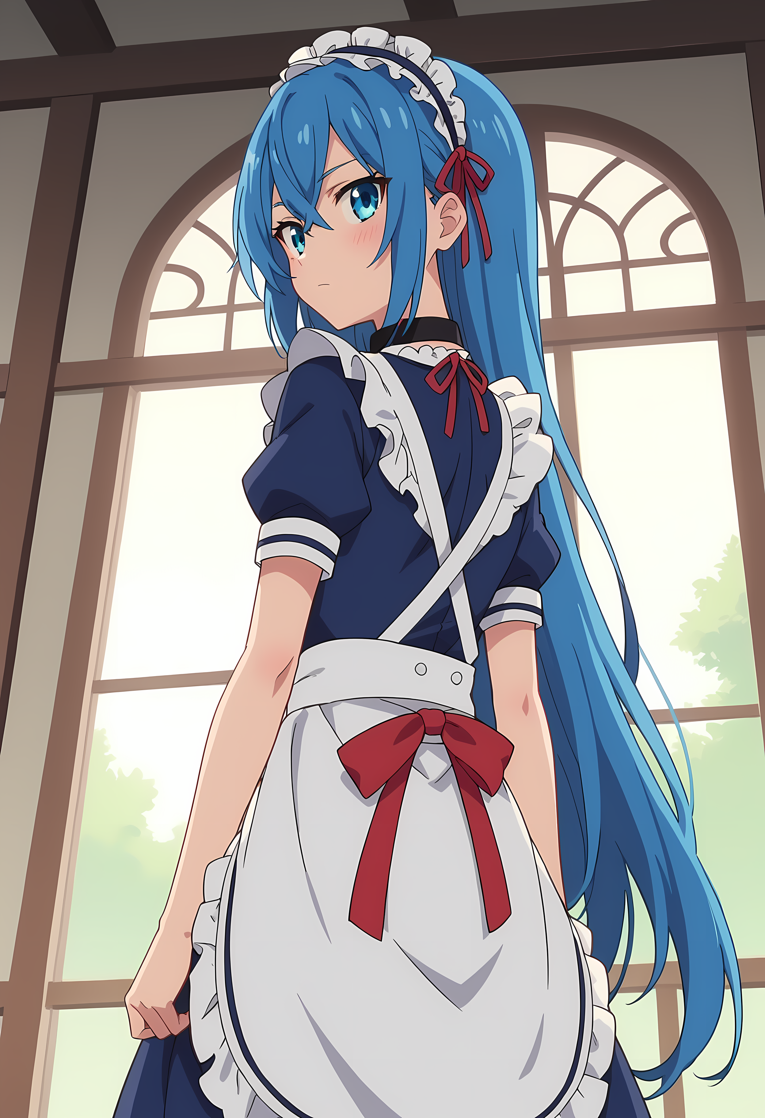 score_9, score_8_up, score_7_up, source_anime, 2d,
Astarte, 1girl, blue hair, very long hair, blue eyes, very small breasts, maid hairband, red ribbon, black collar, white maid outfit, blue outfit, white armband, short sleeve,
anime coloring, anime screencap, detailed eyes, zPDXL, perfect faces, uncensored, rating_explicit, <lora:astarte_0-000025:1>,
from behind, looking back, looking at viewer, from below,