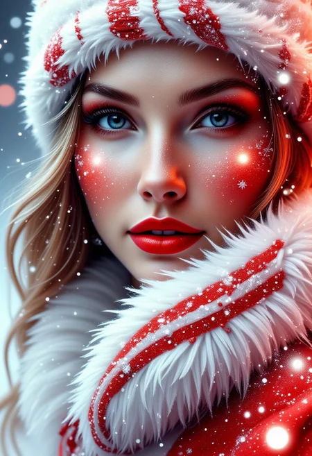 Contrail, mosaic, Fantasy realism, Storybook Illustration, double exposure, delicate detailed inspired by [Artgerm, Brian M  Viveros, Esao Andrews], red | white stripes, sharp focus, triadic colors, gorgeous girl, red lips, snow suit, red santa hat, snowflakes , dynamic pose, luminism, magic light rings, bioluminescence, 32k