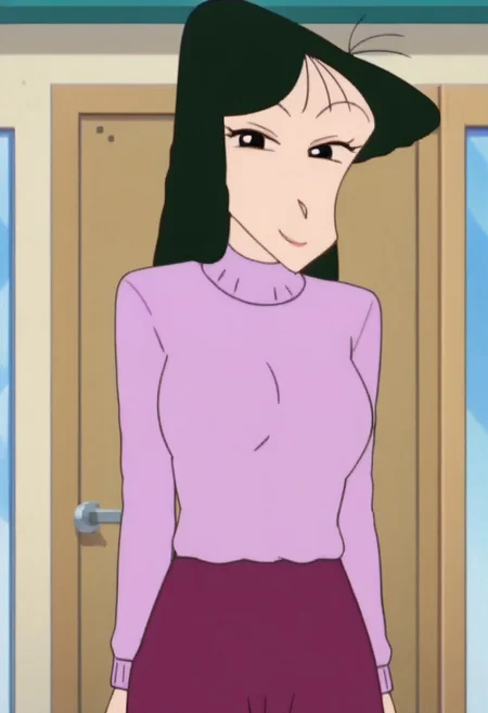 score_9, score_8_up, score_7_up, best quality, masterpiece, anime screencap, anime coloring, 1girl, solo, looking at viewer, matsuzaka ume, green hair, black eyes, deepgreen hair, breasts, large breasts, sweater, skirt, smile,