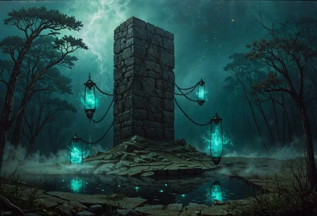 An expressionistic oil painting of an ethereal broken monolithic structure towering the scene. The semi-translucent monolith is circled by floating chains with a luminous, spectral appearance. Attached to the chains are lanterns containing a vaporous, cyan fluid, casting a phantasmal light on the eerie scene, emphasizing the monolithic apparition's otherworldly presence. Set in the haunted heart of a foggy, ancient thicket with a pond surrounding the monolith. The scenery is enshrouded in a dense fog, giving off a subtle, foreboding glow, enhancing the scary impression. Fear hangs in the air. The painting's style is textured, featuring bold brushstrokes and impasto techniques. The color palette is characterized by intense hues.