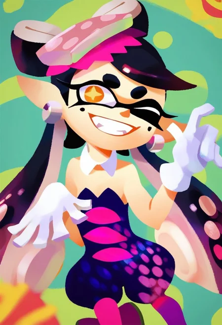 score_9, score_8_up, score_7_up, score_6_up, score_5_up, score_4_up, BREAK,
1girl, solo, callie \(splatoon\), long hair, black hair, yellow eyes, pointy ears, tentacle hair, inkling,
detached collar, dress, purple pantyhose, short jumpsuit, strapless, white gloves,
smiling at viewer,happy, wink, BREAK,playground background, from above, low contrast, face closeup
<lora:SplatoonXLLocon:1>