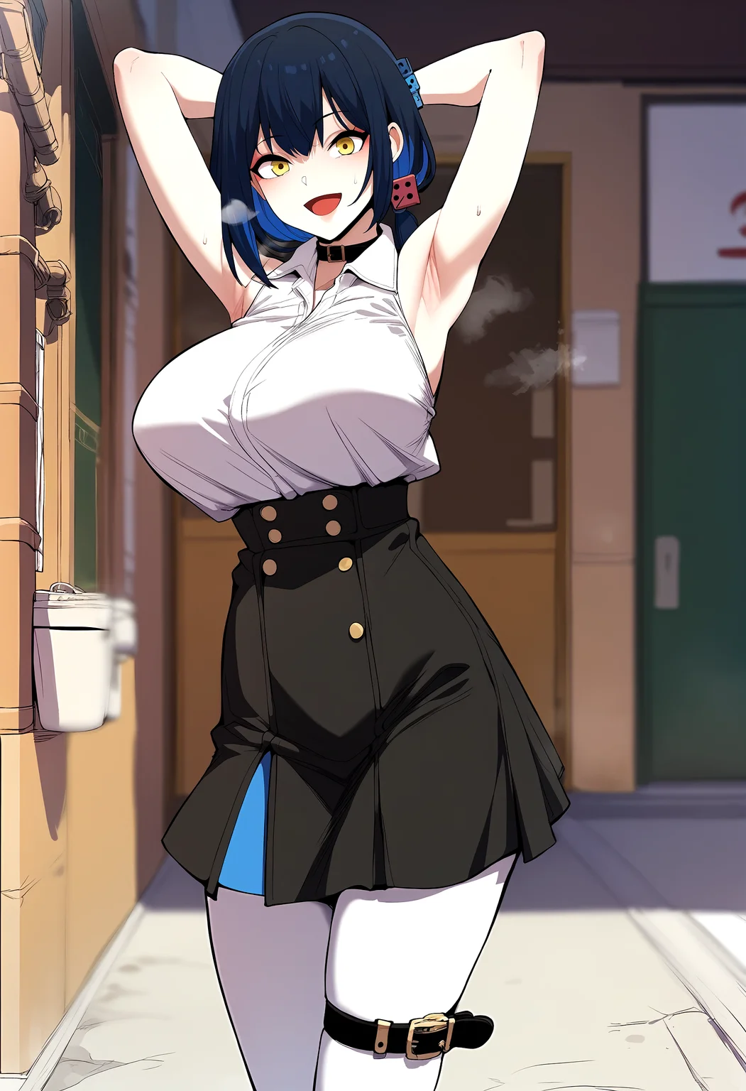 score_9, score_8_up, score_7_up, score_6_up, source_anime, rating_explicit, <lora:neg4all_bdsqlsz_V3.5:2.0>1girl, (solo:1.1), huge breasts, <lora:Bang Yerimponyxl:1> blue hair, black hair, yellow eyes, multicolored hair, short hair, blue nails, low ponytail, dice hair ornament, black choker, collar, white shirt, sleeveless shirt, collared shirt, wristwatch, belt, high-waist skirt, black skirt, white pantyhose, thigh strap, smile, open mouth, Narrow shoulders, heavy breathing, steaming body, alley, indoors, looking at viewer, arms behind head, from side