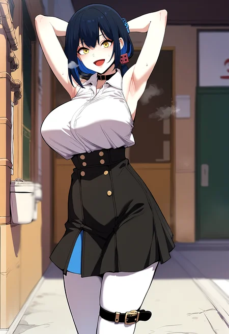 score_9, score_8_up, score_7_up, score_6_up, source_anime, rating_explicit, <lora:neg4all_bdsqlsz_V3.5:2.0>1girl, (solo:1.1), huge breasts, <lora:Bang Yerimponyxl:1> blue hair, black hair, yellow eyes, multicolored hair, short hair, blue nails, low ponytail, dice hair ornament, black choker, collar, white shirt, sleeveless shirt, collared shirt, wristwatch, belt, high-waist skirt, black skirt, white pantyhose, thigh strap, smile, open mouth, Narrow shoulders, heavy breathing, steaming body, alley, indoors, looking at viewer, arms behind head, from side