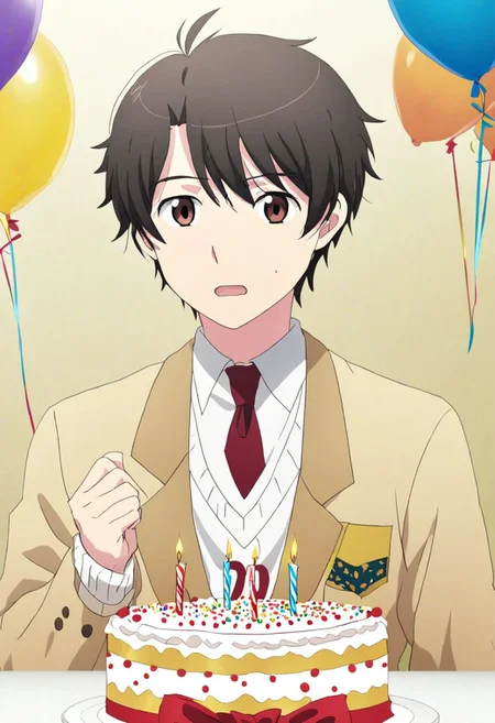 high resolution, solo, best quality, 1Boy, Inaho Kaizuka, Black Hair, Brown Eyes, surprise, birthday surprise, birthday cake, birthday party, OverallDetail