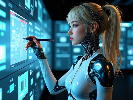 Extreme photorealistic depiction of a female hacker in a cybernetic network hub, surrounded by advanced computer systems and holographic data streams. She is wearing a sleek, alloy plating cybernetic suit embedded with cybernetic enhancements, and her blonde hair is partially illuminated by the various screens and floating holograms. The environment should feel realistically futuristic and dense with digital information, with glowing data cables and interfaces interweaving throughout the space. Highlight the contrast between her calm demeanor and the complexity of the cybernetic hub.
a subtle, integrated communication system in her head or neck, with tiny speakers and microphones for direct interaction.a form-fitting, adaptive fabric bodysuit that covers parts of her body, adjusting its texture and rigidity based on her needs.Introduce subtle, bioluminescent vein-like structures that run through her mechanical components, pulsing gently with a soft glow.Integrate glowing, circuitry-like patterns onto her metallic parts, that light up and pulse.
standing with one hand held up while her other one hand touching her own chin, writing on a transparent surface using a digital pen as if it's a holographic display.