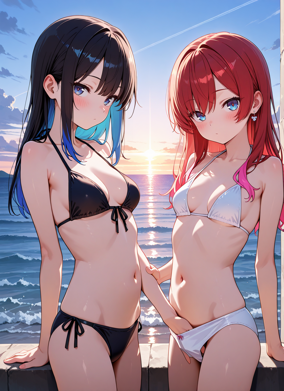 masterpiece,best quality,absurdres,highres,very aesthetic,high quality,detailed,insanely detailed,beautiful,perfect lighting, looking at viewer, very awa
2girls, multiple girls, long hair, blush, multicolored hair,  medium breasts,  bikini, ocean, outdoors, standing, upper body, 
 <lora:privet-move:1> one hand in panties, hand on other panties,
cowboy shot,, <BREAK> , masterpiece, amazing quality, best quality, ultra-detailed, 8K, illustration, CG, anime coloring,