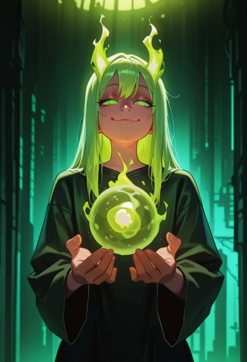 Mevak_PS, masterpiece, best quality, amazing quality, very aesthetic, high resolution, ultra-detailed, extremely detailed eyes, detailed face, absurdres, newest, best illumination, depth of field, complex background, detailed background, 1girl, green glow, upper body, green glowing hair, long hair, smug, holding green fireball, magic, green fire environment, green background, (dynamic pose:1.2), (realistic:1.2), (masterpiece:1.2), (full-body-shot:1.2),(Cowboy-shot:1.2), neon lighting, dark romantic lighting, (highly detailed:1.2),(detailed face:1.2), (gradients), colorful, detailed eyes, (detailed landscape:1.2), (natural lighting:1.2),(detailed background), detailed landscape, solo