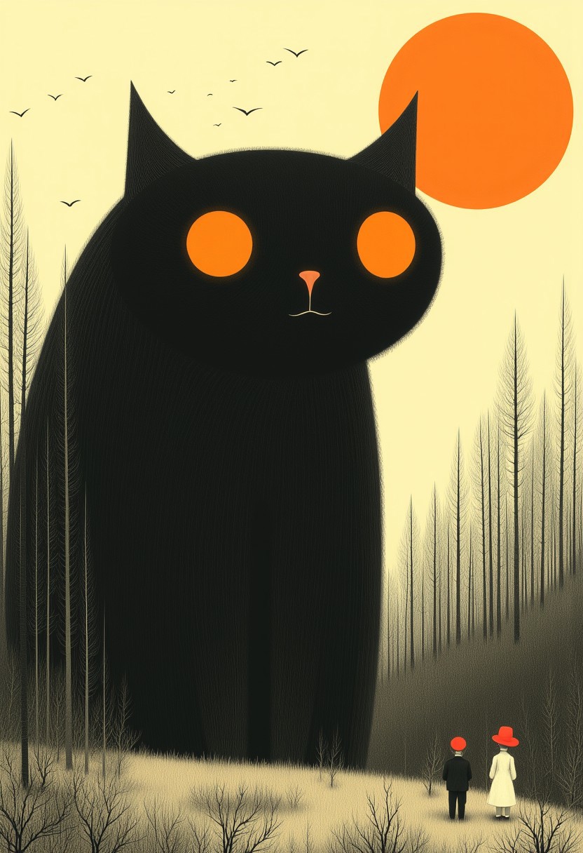 The image is an hand-drawn illustration of a giant black cat with large orange eyes standing in a forest. The cat is facing towards the right side of the image, with its head turned towards the viewer. The background is filled with tall trees and shrubs, and there is a large orange sun in the top right corner. The sky is a pale yellow color, and a few birds can be seen flying in the distance. In front of the cat, there are two small people, one wearing a red hat and the other wearing a white dress, standing on a hill. The overall mood of the illustration is peaceful and serene. style of Edward Gorey