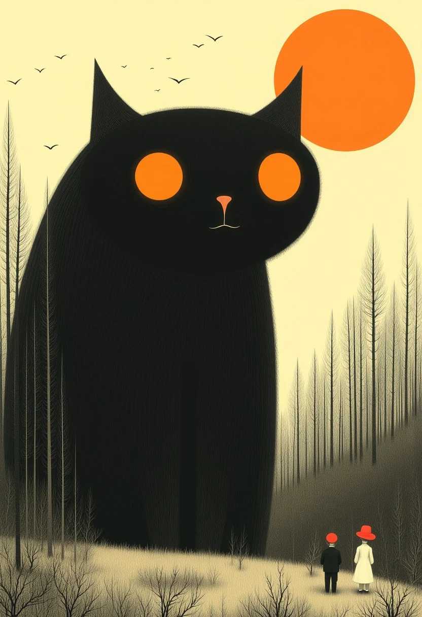 The image is an hand-drawn illustration of a giant black cat with large orange eyes standing in a forest. The cat is facing towards the right side of the image, with its head turned towards the viewer. The background is filled with tall trees and shrubs, and there is a large orange sun in the top right corner. The sky is a pale yellow color, and a few birds can be seen flying in the distance. In front of the cat, there are two small people, one wearing a red hat and the other wearing a white dress, standing on a hill. The overall mood of the illustration is peaceful and serene. style of Edward Gorey
