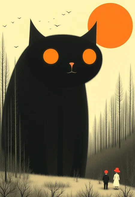 The image is an hand-drawn illustration of a giant black cat with large orange eyes standing in a forest. The cat is facing towards the right side of the image, with its head turned towards the viewer. The background is filled with tall trees and shrubs, and there is a large orange sun in the top right corner. The sky is a pale yellow color, and a few birds can be seen flying in the distance. In front of the cat, there are two small people, one wearing a red hat and the other wearing a white dress, standing on a hill. The overall mood of the illustration is peaceful and serene. style of Edward Gorey