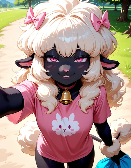 masterpiece, best quality, very aesthetic, absurdres,
outdoors,
headshot, face focus,
pink t-shirt,
standing, posing,
seductive smile, parted lips, long eyelashes,
<lora:PoodleSheep_v01_NAIXL:1> P00dl3Sh33p,1girl, solo, furry, furry female, animal ears, long hair, bangs, hair bow, sheep ears, pink eyes, animal nose, neck bell, black skin, body fur, white fur, poodle tail, hooves,