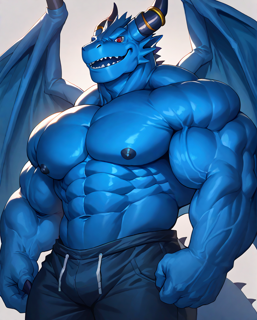 source_furry,score_9,score_8 up,score_7 up,score_6 up,male,anthro,furry,1boy,solo,blue_dragon,dragon,wings,horns,blue body,red eyes,muscles,muscular,bodybuilder,abs,pectorals,biceps,huge muscles,large muscles,hyper muscles,<lora:Blue_Dragon:0.9>,massive muscle,hyper muscular,<lora:Hyper_Mass:0.8>,